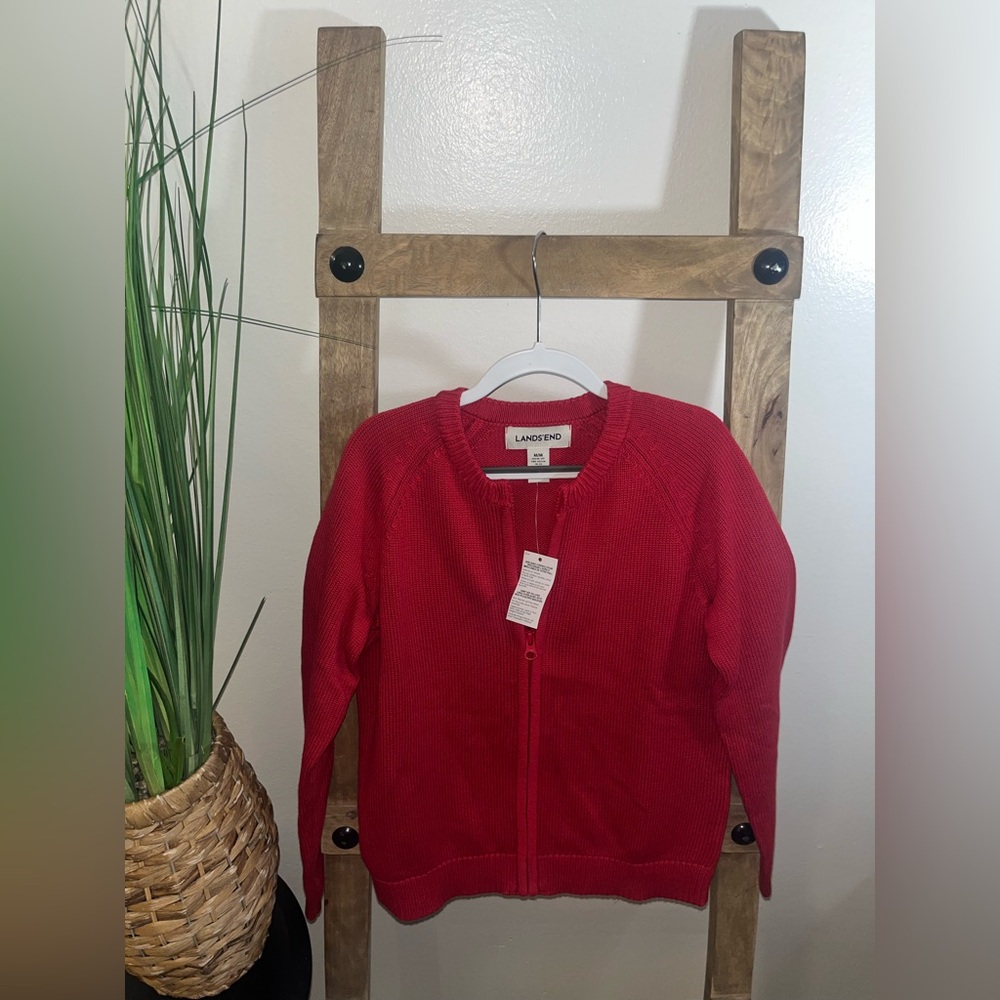 Land’S End Medium Red Full Zip Cardigan Sweater Jacket 10-12 NWT